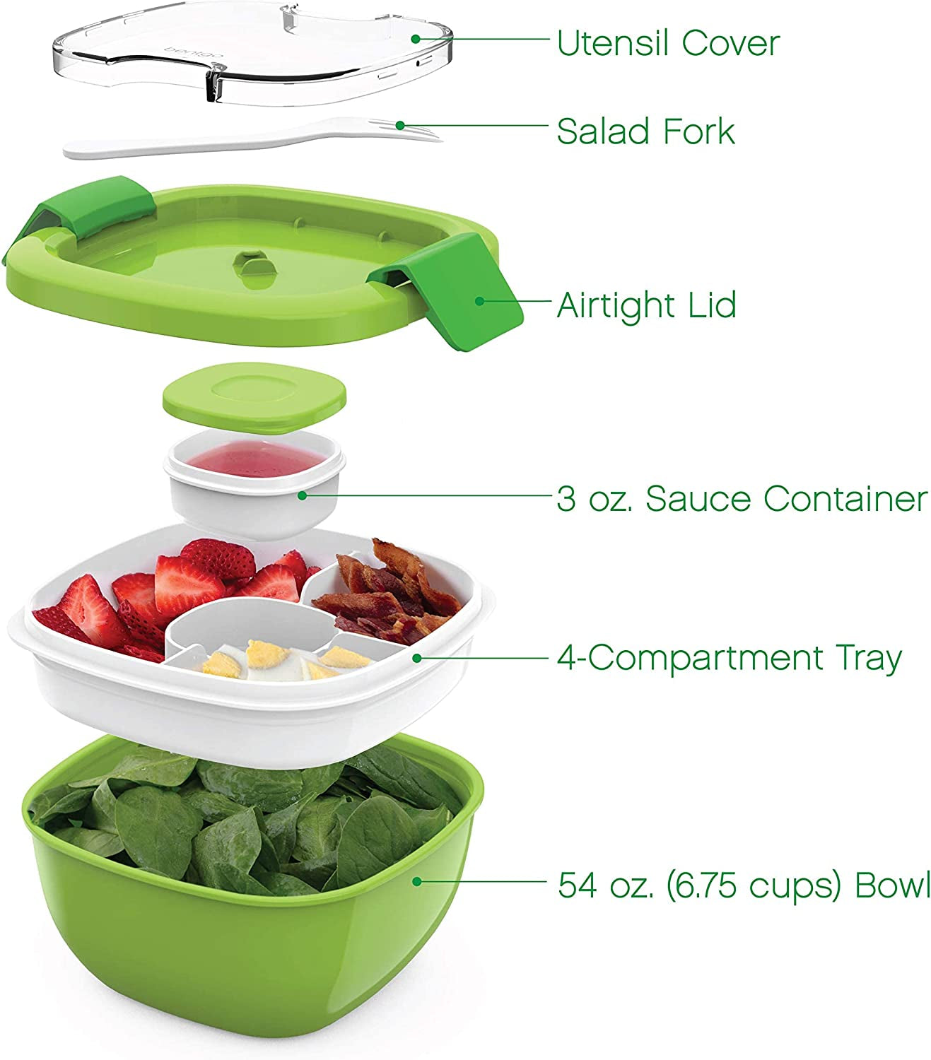 Bentgo Salad Stackable Lunch Container with Large 54oz Bowl, 4-Compartment  Tray & Built-In Fork - Green